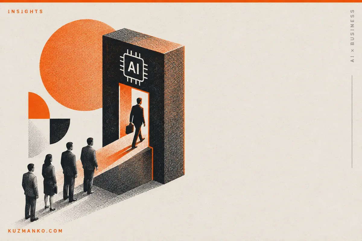 Black-and-orange risograph illustration of a tiered gate symbolizing AI access based on competence and responsibility