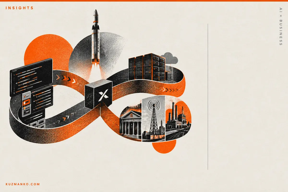 Black-and-orange risograph illustration of a gear connecting development stages, symbolizing coordination between agents and people