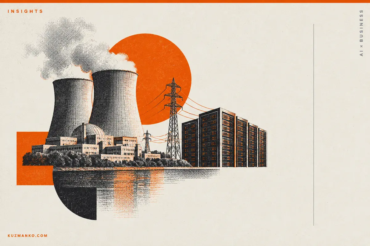 An abstract black-and-orange risograph illustration of a geometric power plug symbolizing the infrastructure behind AI agents.