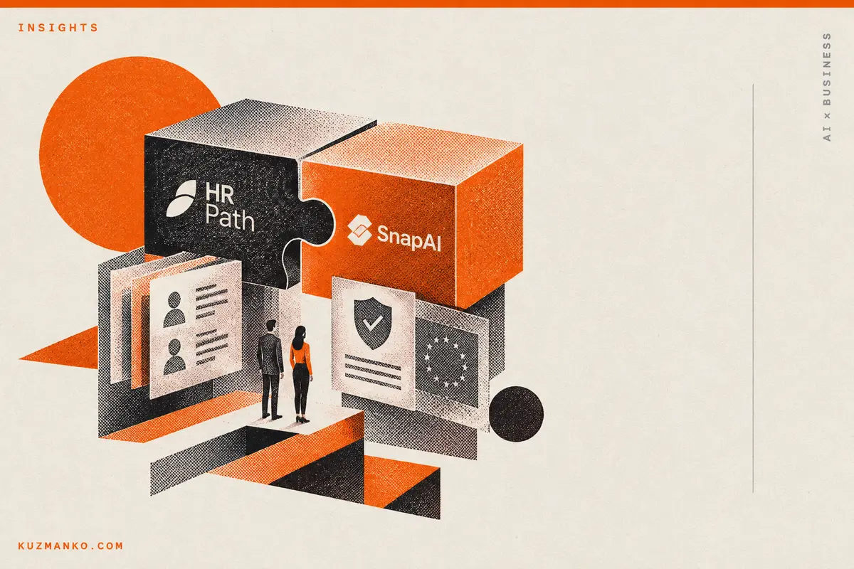 Black-and-orange risograph illustration of a geometric compass symbolizing direction and oversight for AI in HR