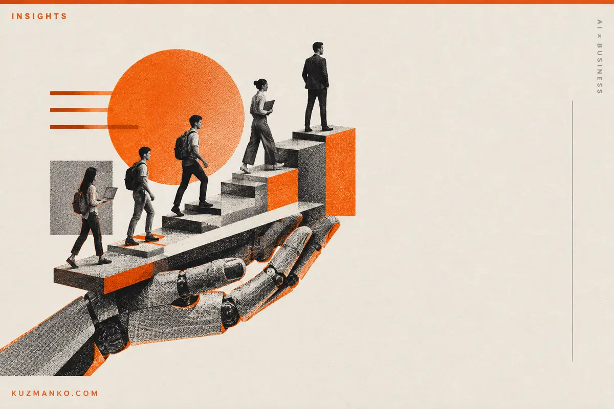 Black-and-orange risograph illustration of a branching ladder symbolizing employees' professional growth alongside AI