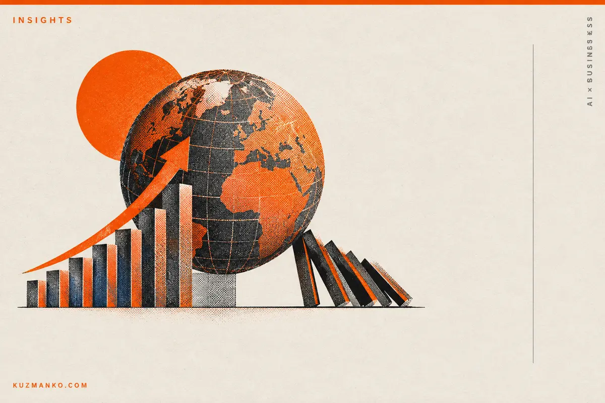 Black-and-orange risograph illustration of a flywheel representing AI investment and the need for business stability.