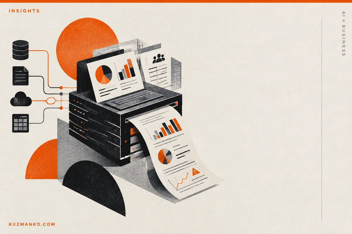 Black-and-orange risograph control tower directing streams of enterprise workflows