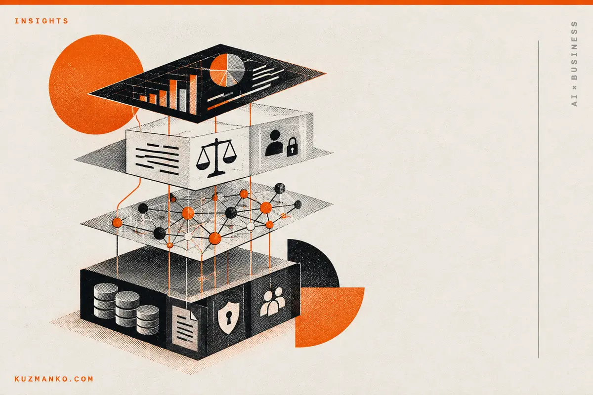 Black-and-orange risograph compass connecting data islands through a shared layer of meaning