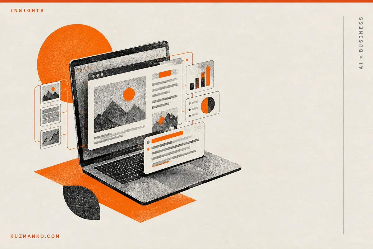 Black-and-orange risograph illustration of a folding dashboard, symbolizing the shift from answers to a controlled workspace