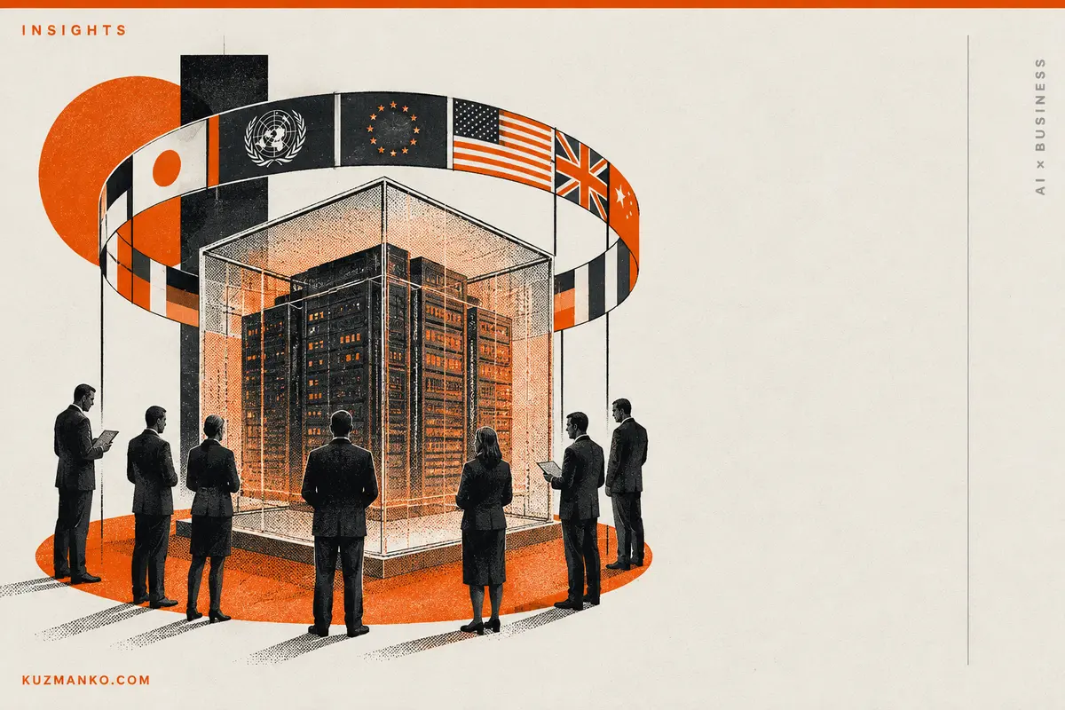 Black-and-orange risograph illustration of a geometric control valve symbolizing oversight of AI agents