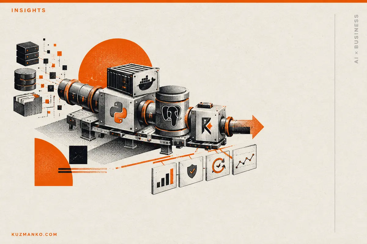 Black-and-orange risograph data conveyor symbolizing a reliable, controlled production pipeline