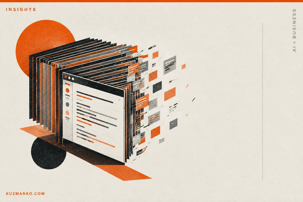 Black-and-orange risograph funnel crowded with documents, symbolizing context-window information filtering