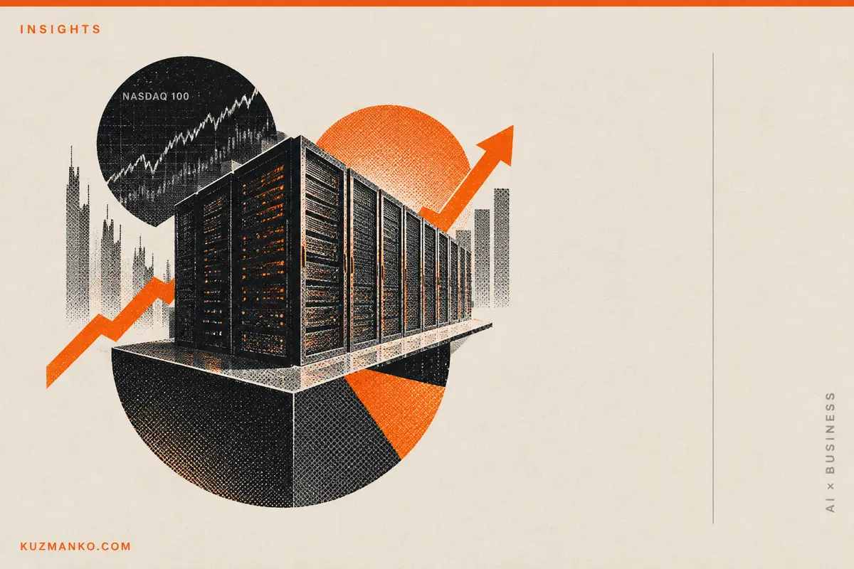 Black-and-orange risograph illustration of a bubble above a stable geometric foundation, symbolizing value-based AI investment