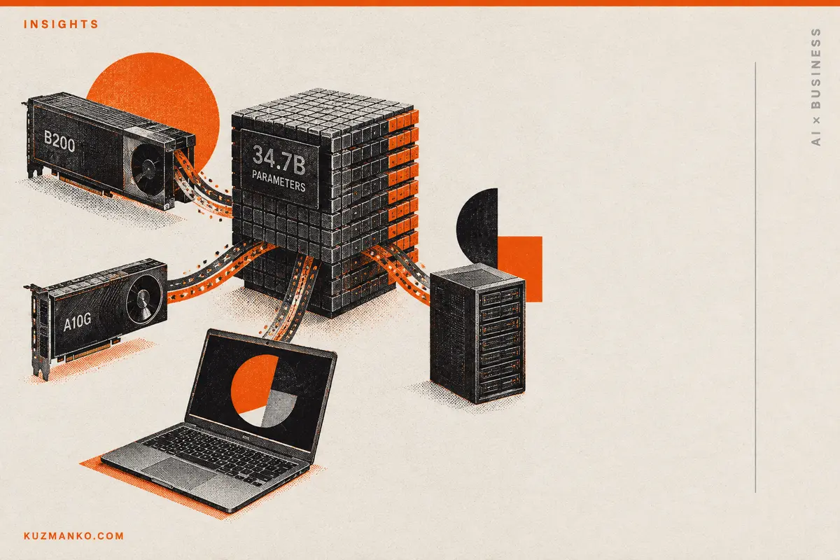 Black-and-orange risograph illustration of a laptop carrying an engine, symbolizing large AI on small hardware