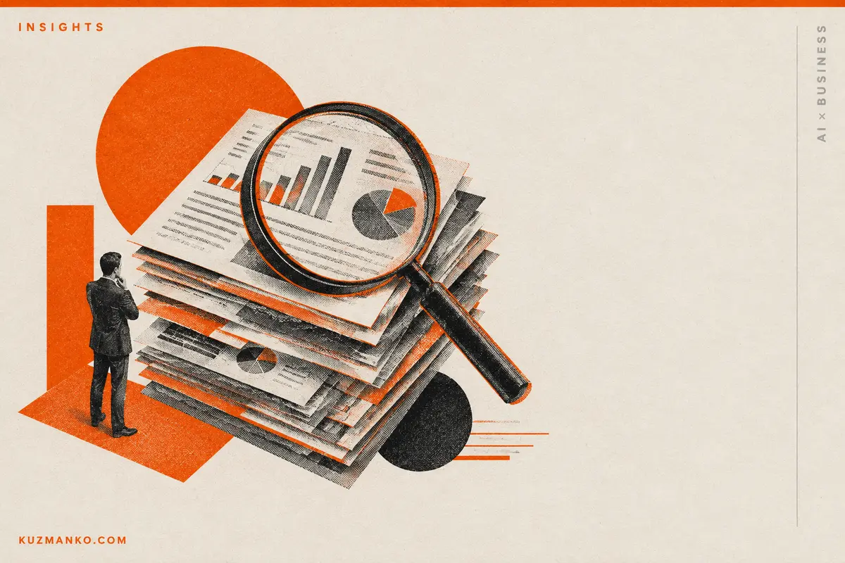 A black-and-orange risograph-style geometric sieve representing the filtering of AI outputs before business decisions