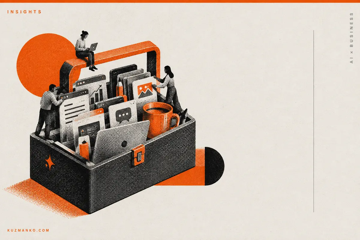 Black-and-orange risograph illustration of a geometric toolbox representing the shift from personal AI use to enterprise infrastructure