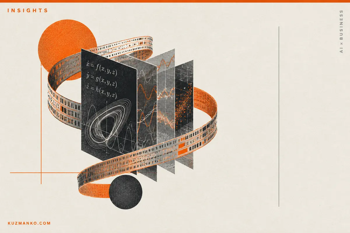 Black-and-orange risograph pendulum revealing an equation, symbolizing order discovered within chaotic data