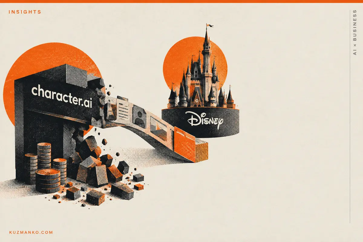 Black-and-orange risograph illustration of a block tower balanced on one chip, symbolizing enterprise dependence on an AI vendor