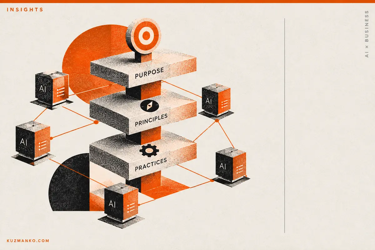 Black-and-orange risograph compass inside a gear symbolizing enterprise AI agent alignment.