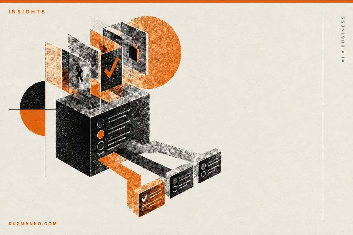 Black-and-orange risograph illustration of a geometric decision switch linking AI to a controlled workflow