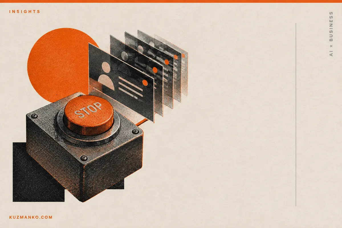 Black-and-orange risograph illustration of a mechanical emergency brake, symbolizing human control over AI agent actions