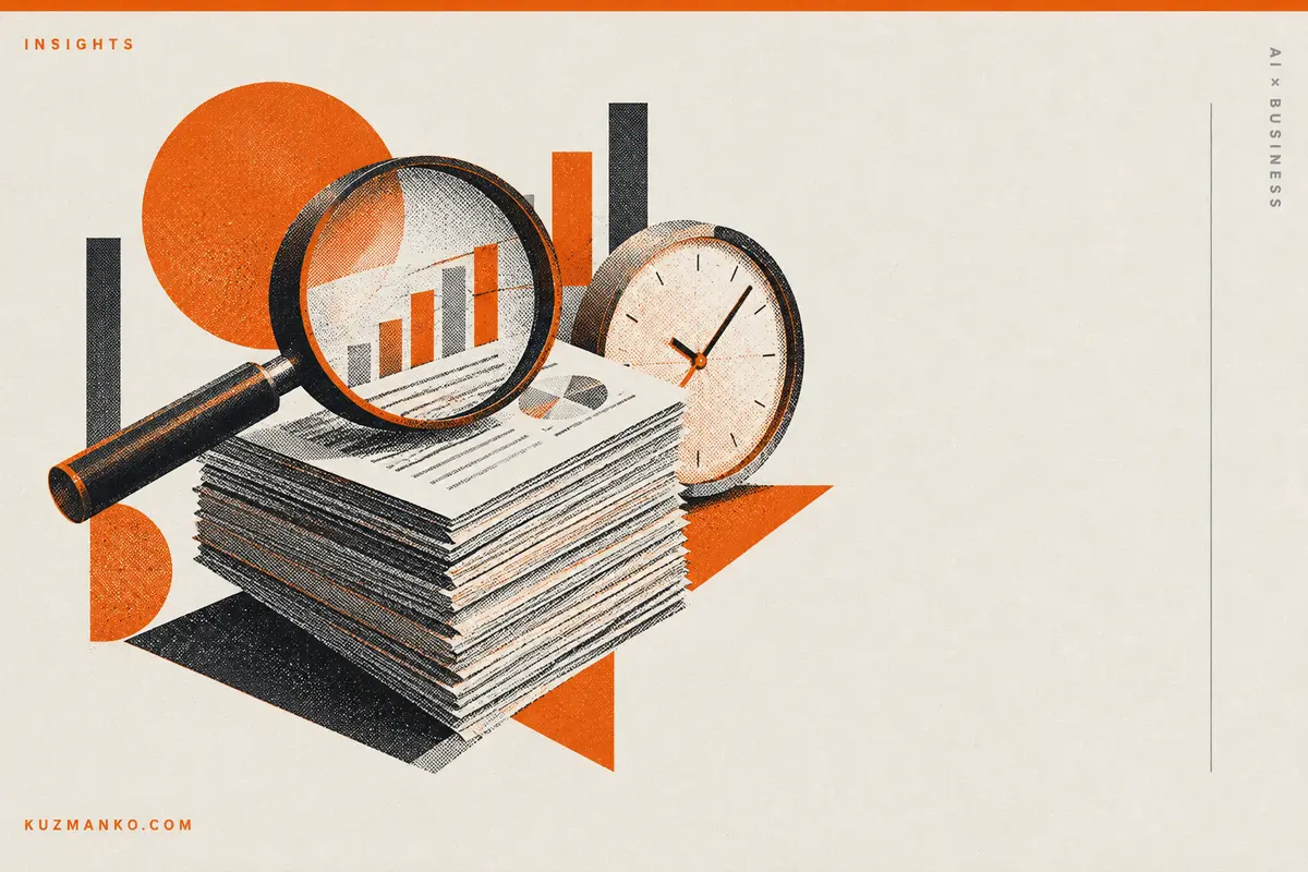 Black-and-orange risograph illustration of an audit funnel filtering documents and routing exceptions for human review