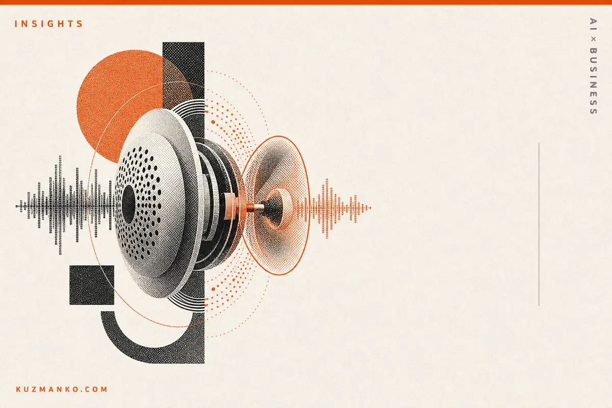 Premium editorial illustration of OpenAI voice models with a modern abstract audio interface and full-duplex communication concept in a Risograph Bauhaus style.