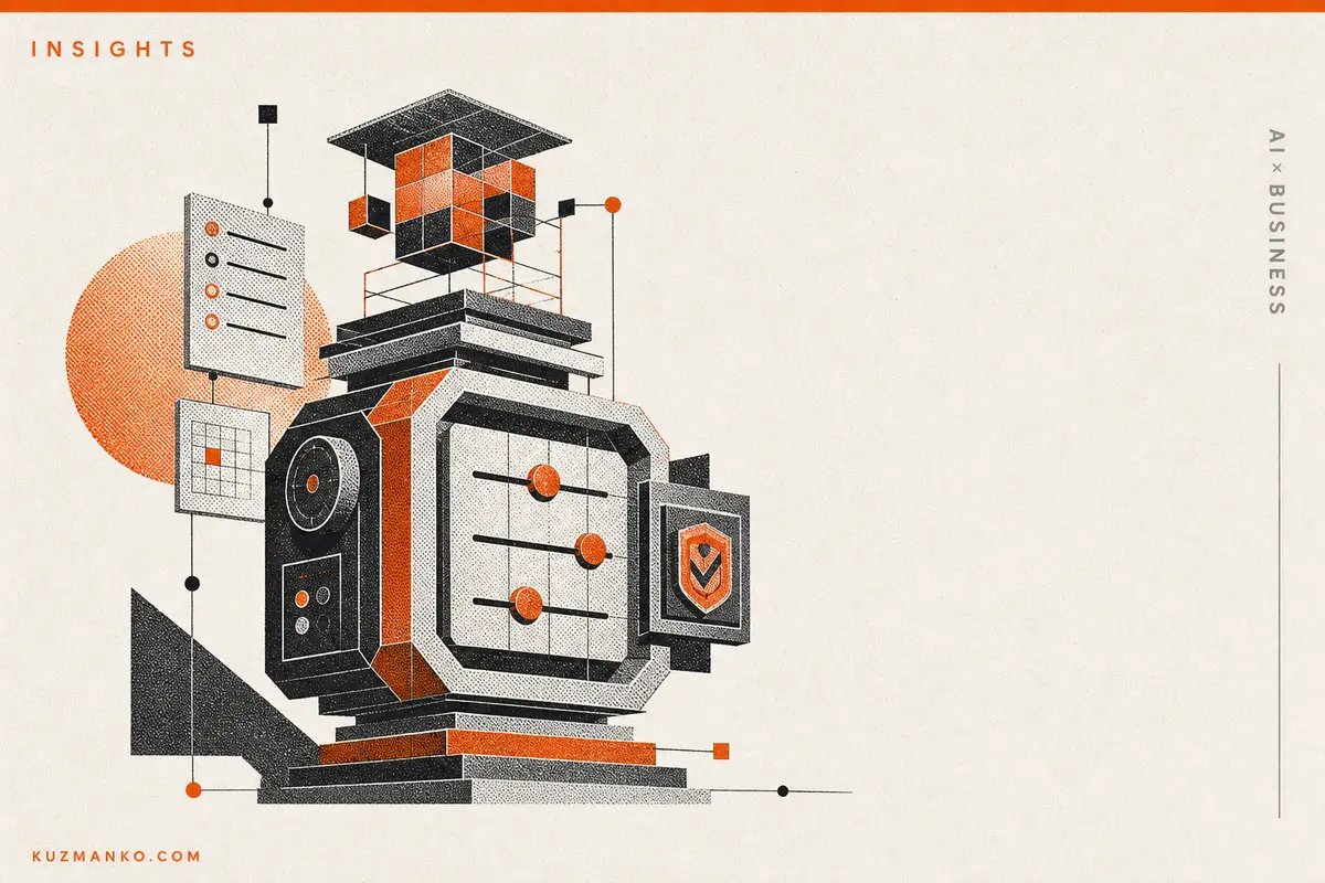 Editorial risograph-style cover illustration of a modular AI governance control system with geometric panels and orange-black accents, leaving space for Hebrew headline text.