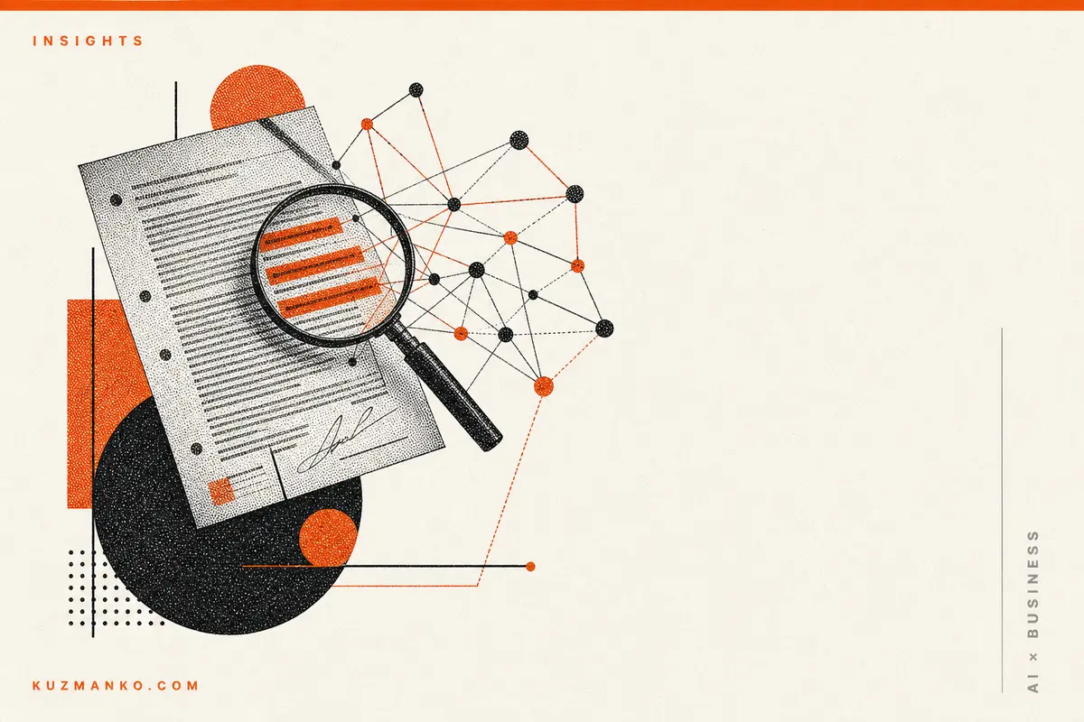 Editorial risograph-style illustration of a cost-efficient knowledge graph built from legal documents, with connected data fragments and geometric forms on a clean minimal background.