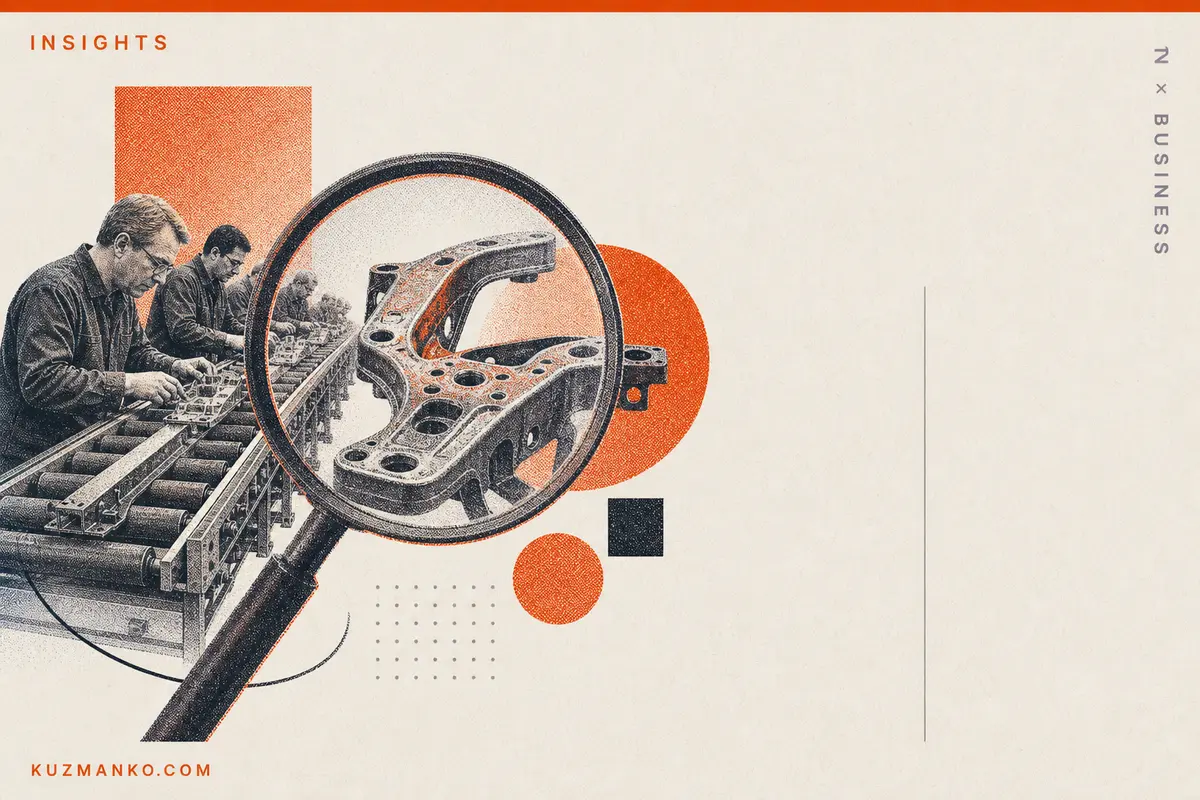 Editorial risograph-style illustration of Ford’s AI quality control fail, with engineers, factory parts, and orange-black geometric forms symbolizing experienced manufacturing expertise.