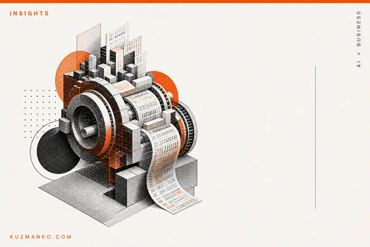 Editorial risograph illustration of a dense layered memory block and attention filter on a warm off-white background, with bold black and orange geometric forms and clean negative space for Hebrew text.