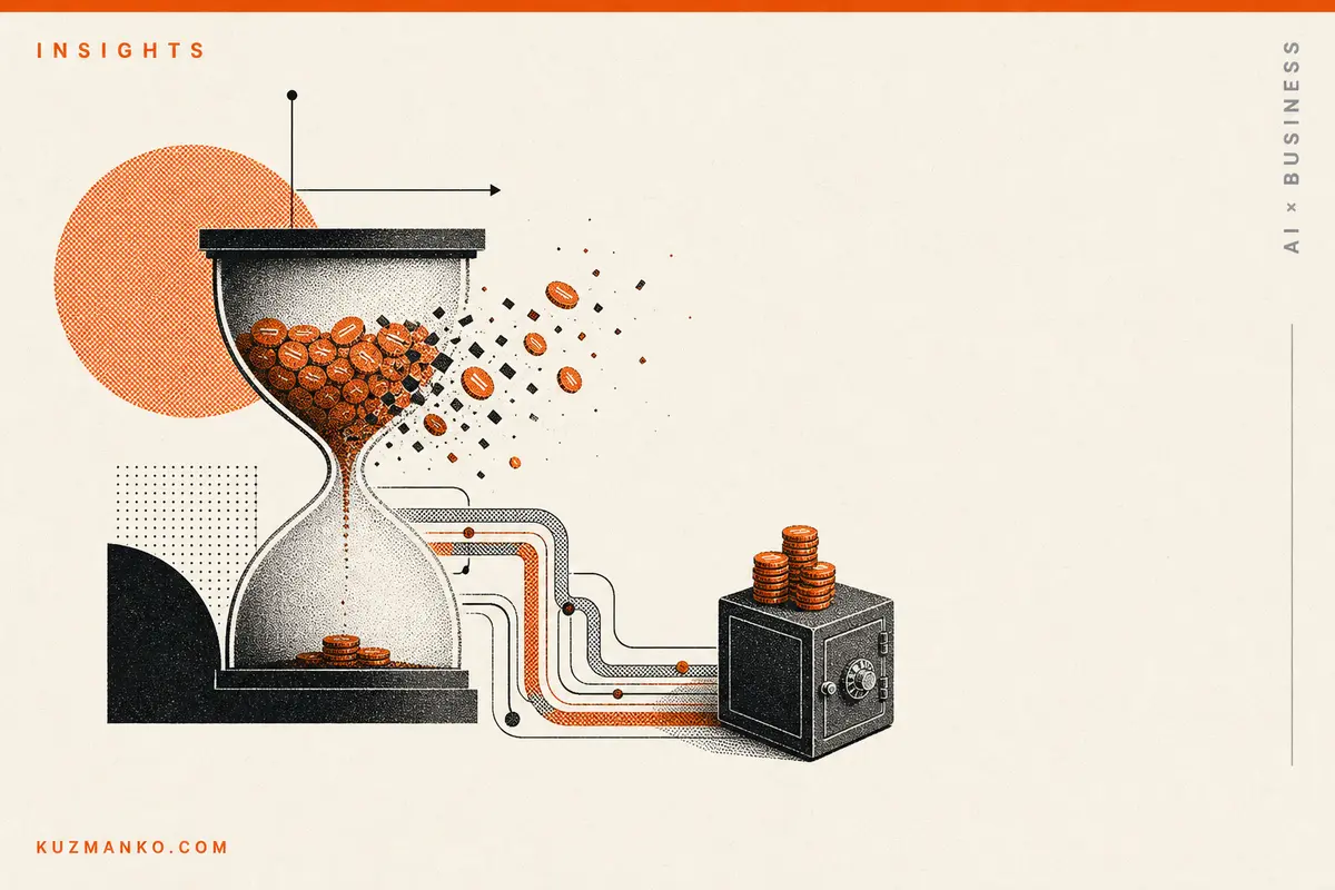 Premium editorial illustration of a token-burning AI agent system with geometric data flow and orange-black risograph texture.
