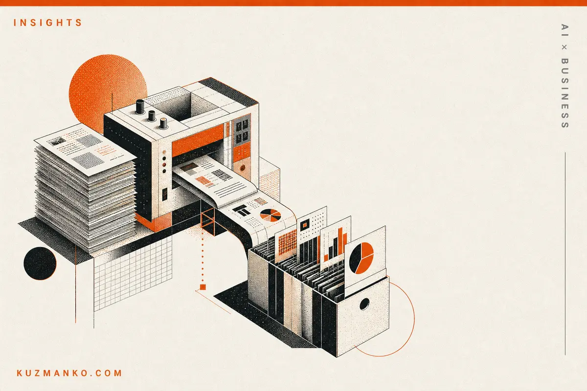Editorial cover illustration of Amazon Bedrock smart document processing, with an abstract risograph-style document workflow and ample space for Hebrew text.