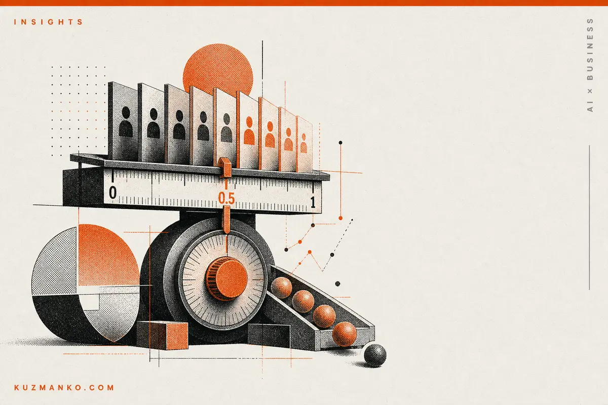 Editorial risograph illustration of a customer churn prediction threshold as an off-center pricing dial with geometric data markers on a warm off-white background.
