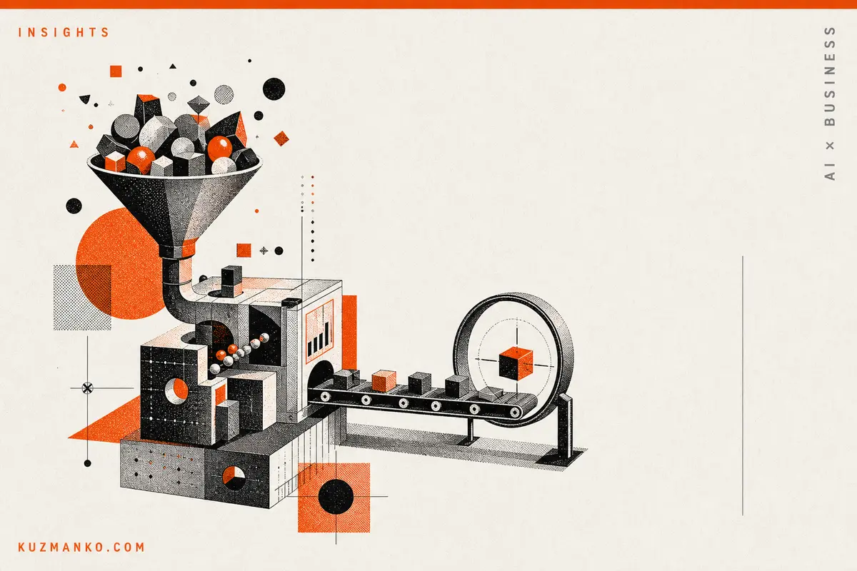 Abstract editorial illustration of a two-stage recommendation system with a fast filter and intelligent LLM ranking, in premium risograph style.