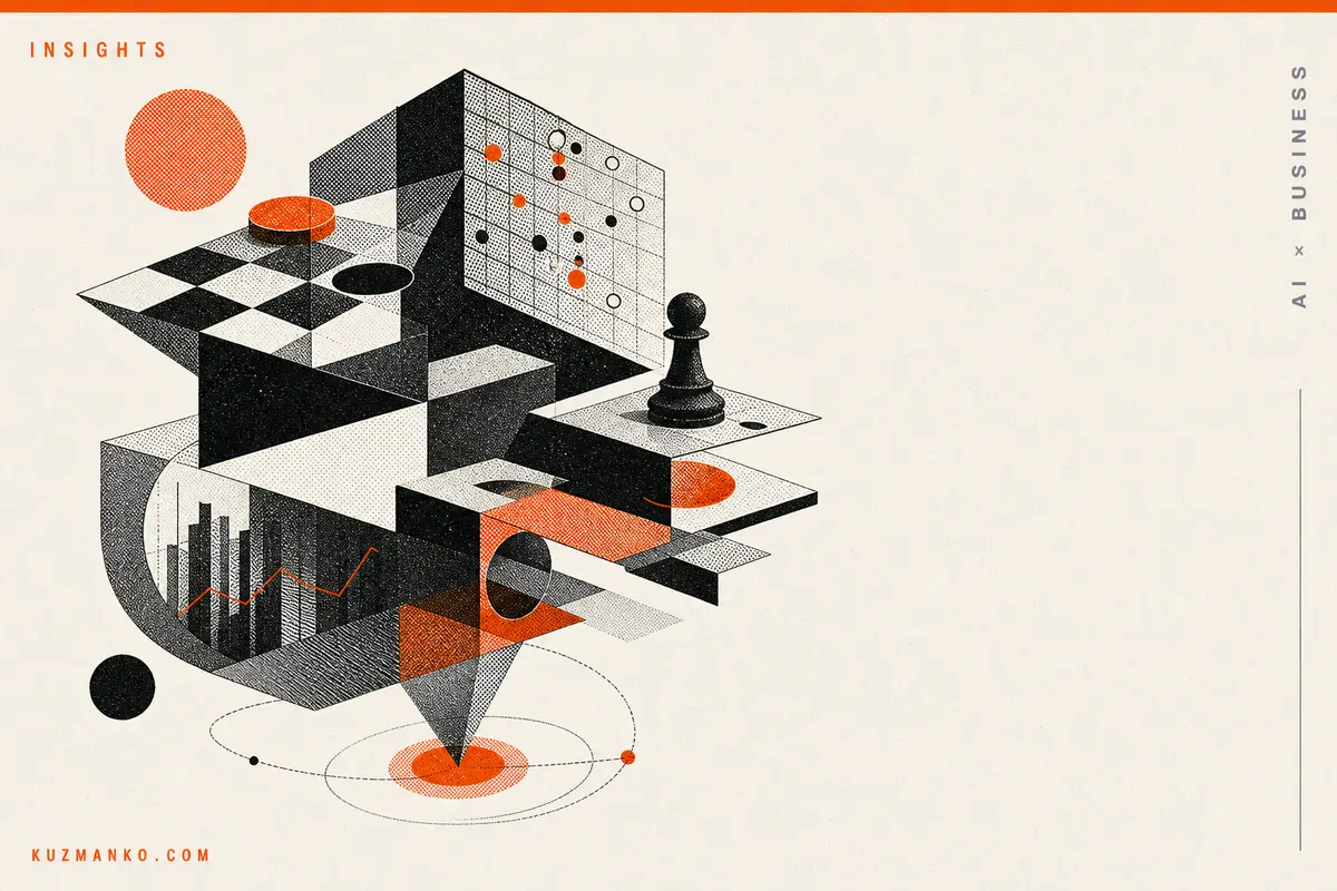 Minimalist risograph editorial illustration of a strategic game board with a generalist AI algorithm outperforming experts in hidden-information decision making.