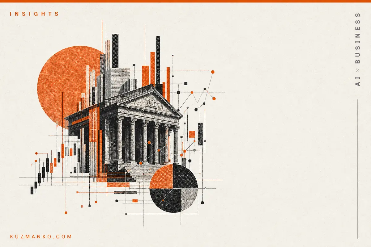 Editorial risograph illustration of an expanding financial data structure symbolizing AI growth in banking, with orange and black geometric elements on a clean light background.