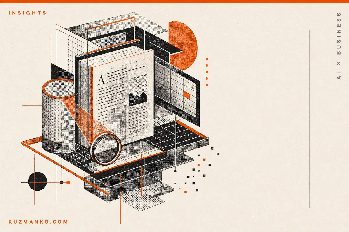 Editorial risograph-style cover illustration of a local PDF document analysis workflow with layered pages, tables, and scan elements in black and orange.