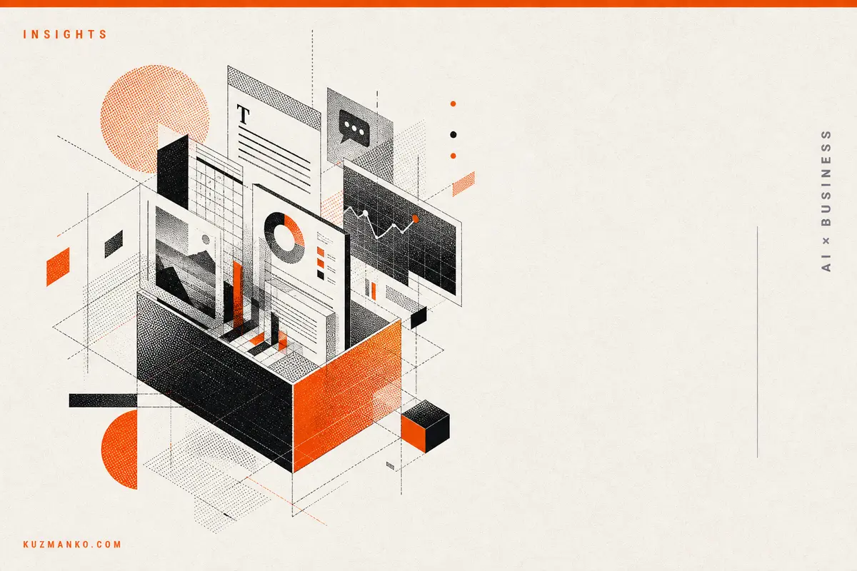 Abstract editorial illustration of an AI business automation concept with geometric documents, data flows, and clean negative space for Hebrew text.