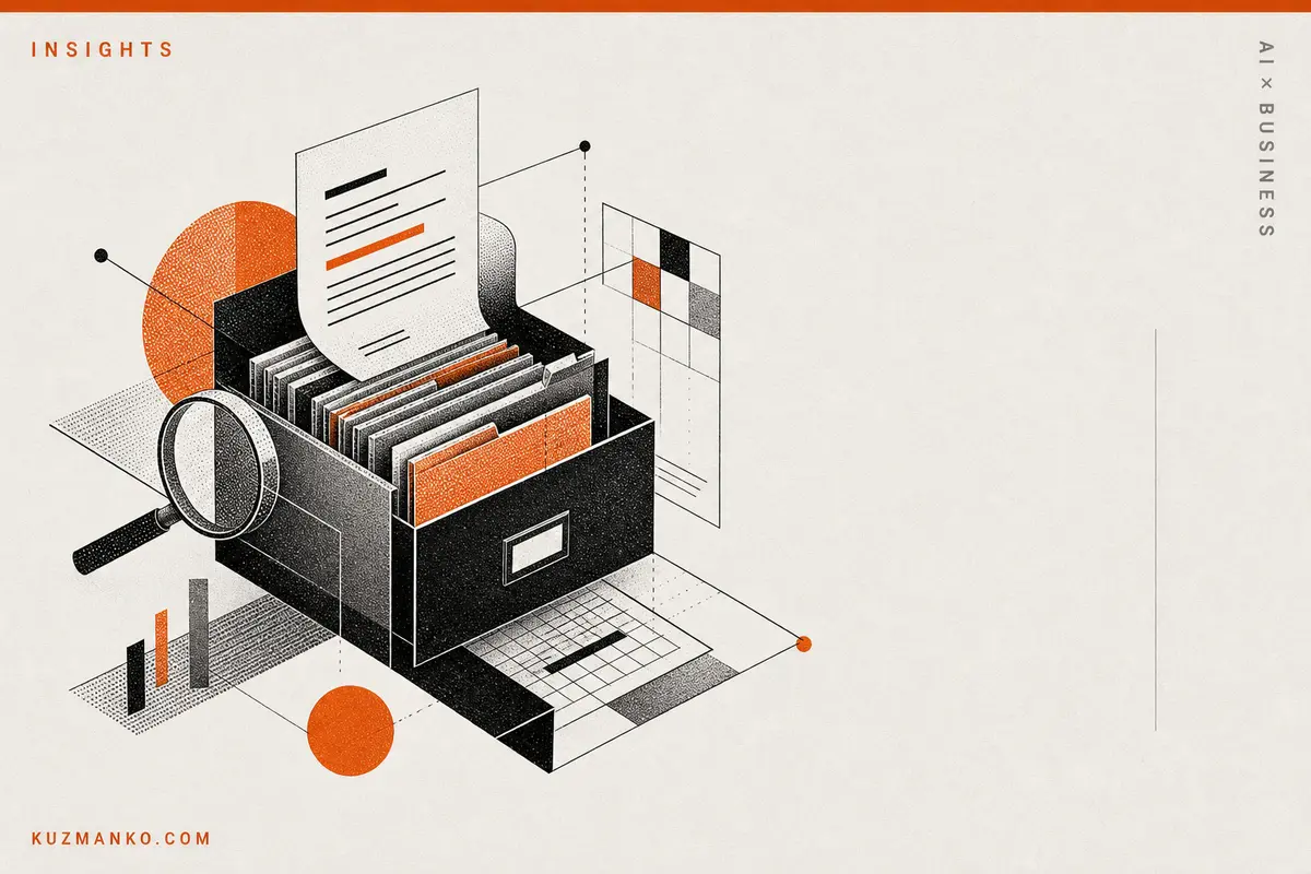 Editorial cover illustration of a layered document system for enterprise RAG, with PDF files, citation pathways, and engineered information flow in a modern risograph style.