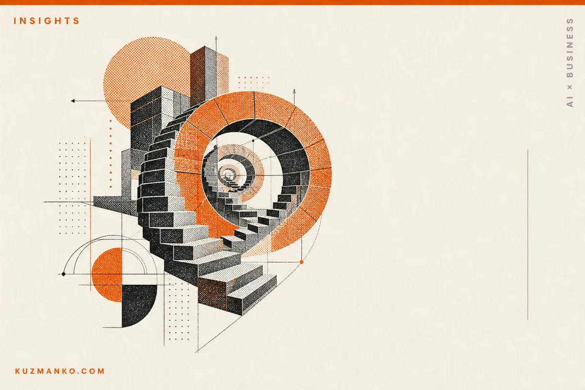 Editorial risograph-style cover of a metaphorical recursive growth machine, with bold orange and black geometric forms on a warm off-white background, designed for Hebrew AI business insights.