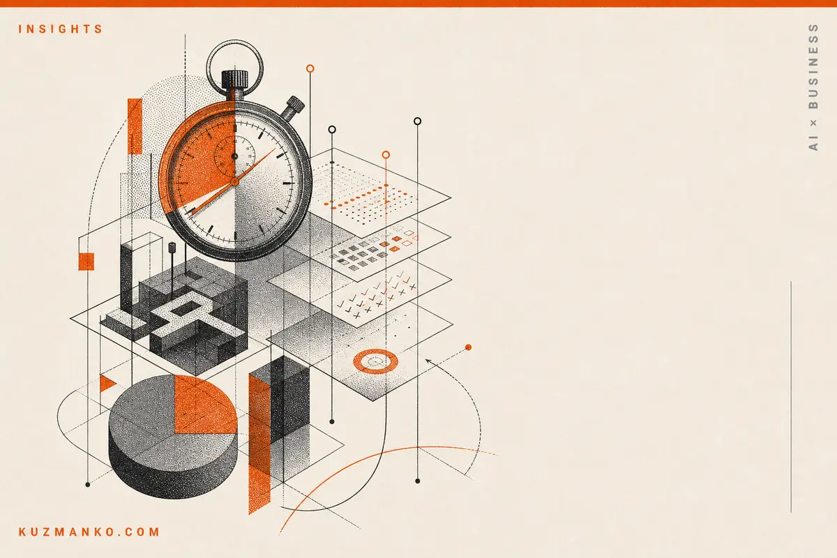 Abstract risograph illustration of an open-source AI agent benchmark with layered geometric charts, timers, tokens, and error counters in a premium editorial business style.