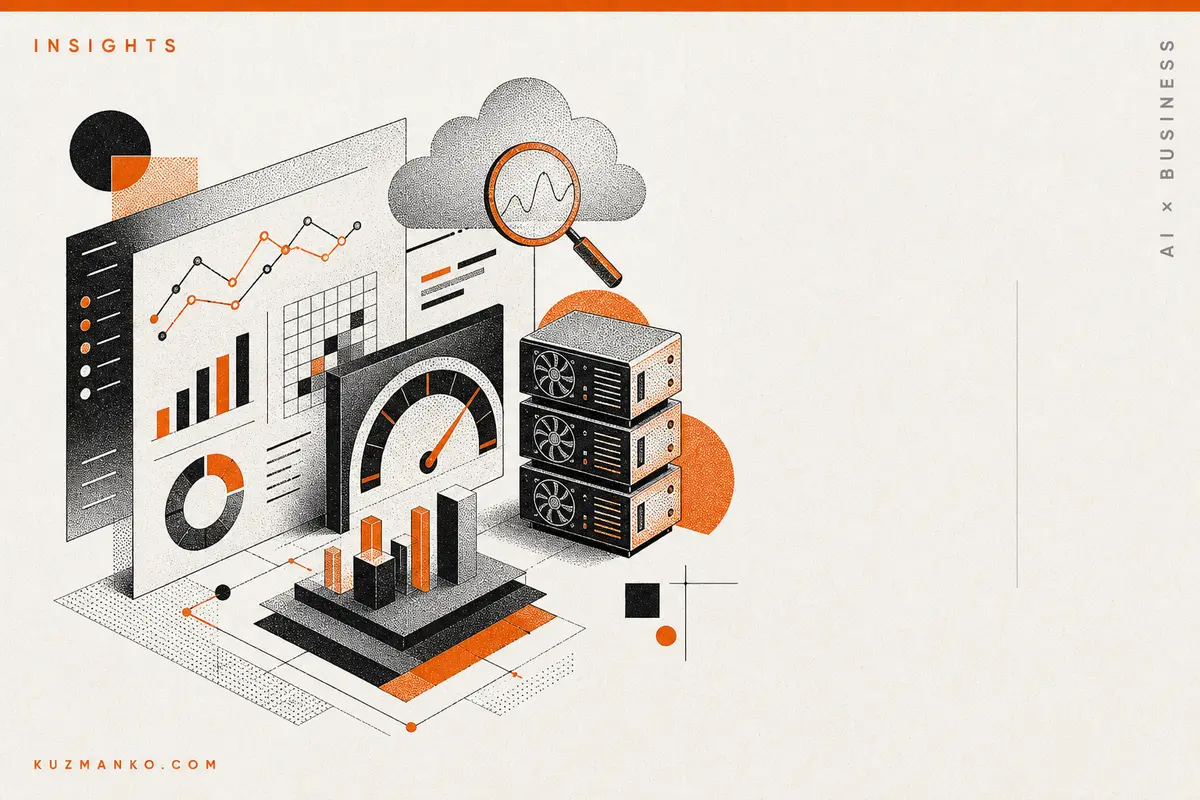 Editorial risograph illustration of AWS SageMaker AI inference monitoring dashboard with geometric data charts and CloudWatch analytics, in premium black and orange.