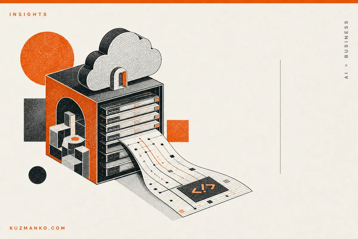 Editorial risograph-style blog cover illustrating private LLM deployment with HF Jobs and vLLM, in a clean premium AI business consulting aesthetic.