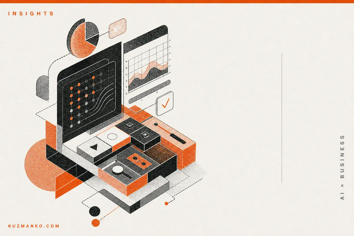 Editorial risograph illustration of an AI agent interface with modular geometric shapes, charts, and communication layers in Hebrew blog cover style.