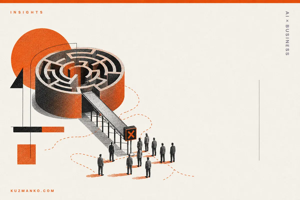 Premium editorial illustration of a fragmented AI model puzzle and workflow pieces failing to connect, symbolizing post-launch adoption challenges in business.
