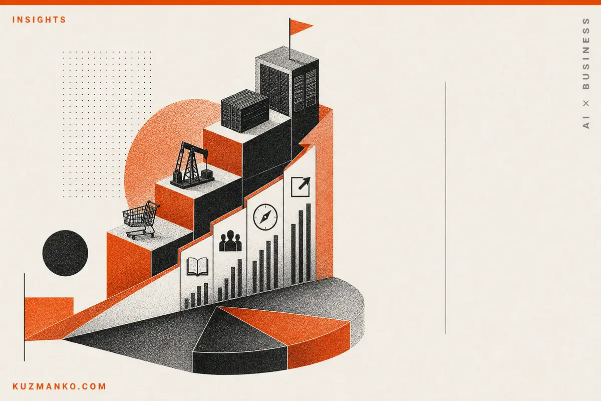 Editorial risograph cover illustration of a complex AI adoption ranking chart with geometric business icons, orange and black halftone textures, and clean negative space for Hebrew headline.