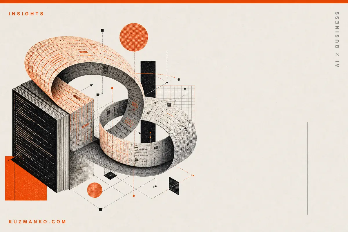 Editorial risograph-style AI context window workaround illustration with abstract recursive document stack, orange and black geometric elements, and clean negative space for Hebrew text.