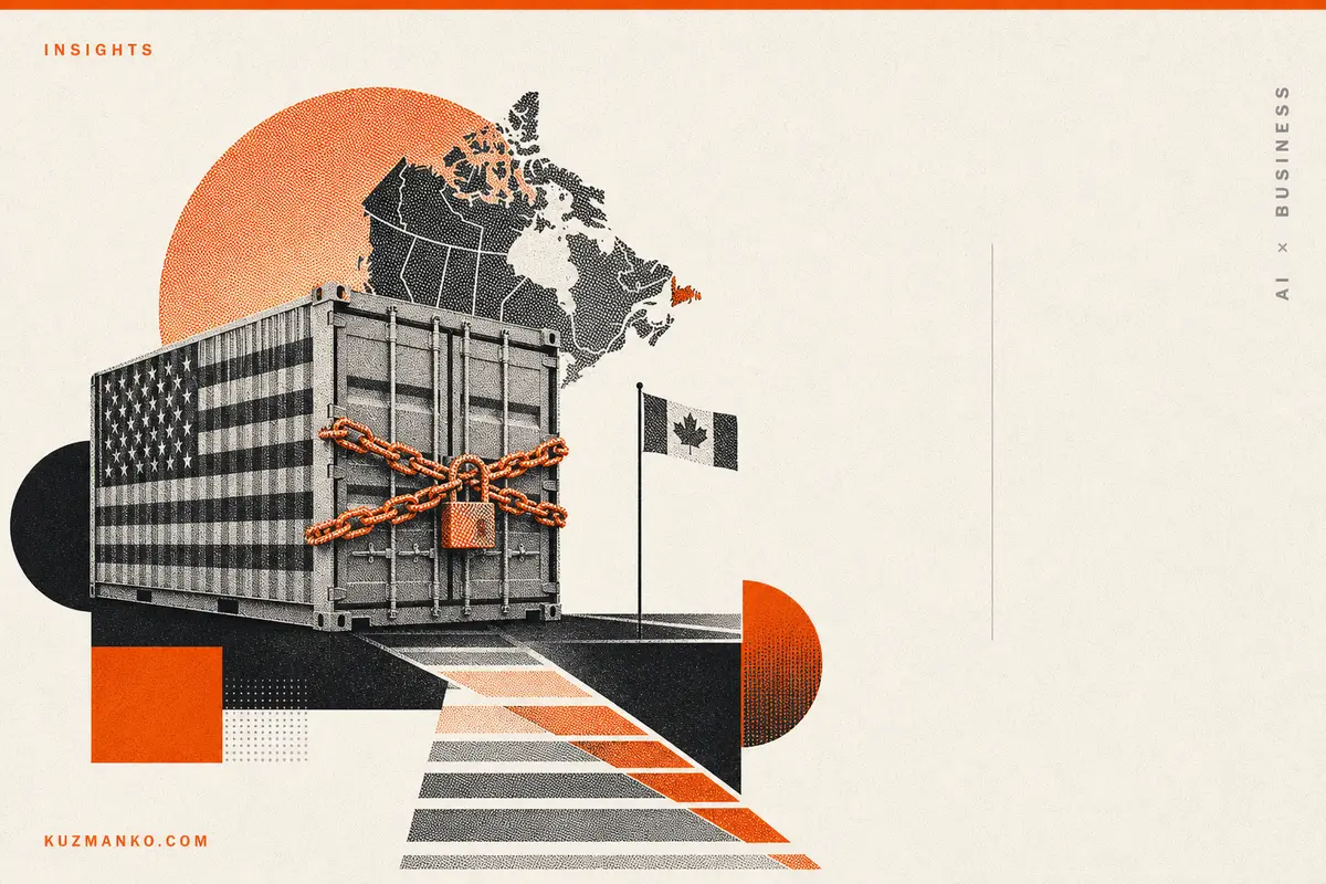 Risograph editorial cover showing an isolated AI supply chain warning metaphor with abstract geometric forms, orange and black halftone accents, and clean space for Hebrew headline text.