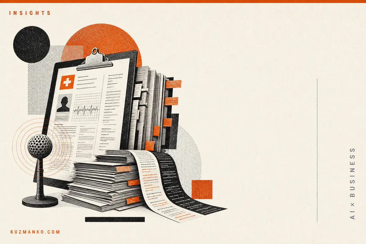 Premium risograph editorial illustration of AI in hospital nursing documentation, with a metaphorical data-and-workflow object in black and orange on a warm background.