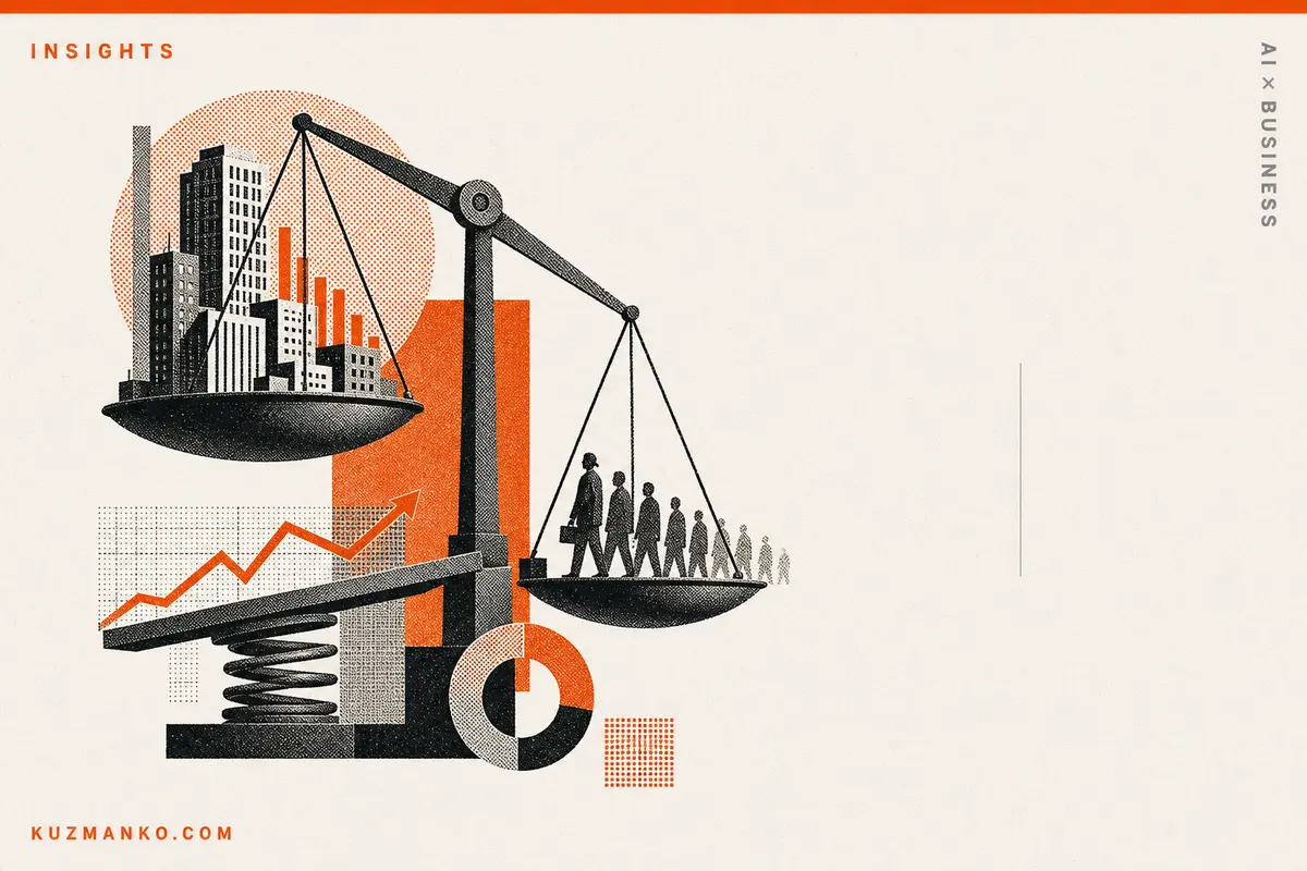 Minimalist editorial cover image with a bold risograph-style metaphor of AI overhype and job-market uncertainty, featuring orange and black geometric forms on a warm off-white background.