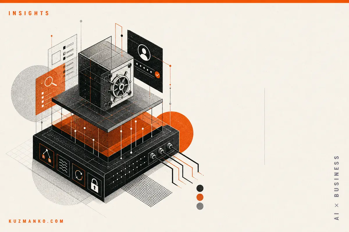 Editorial risograph cover illustration of AWS AgentCore Gateway enabling secure MCP management for enterprise AI agents, with geometric orange and black abstract systems.