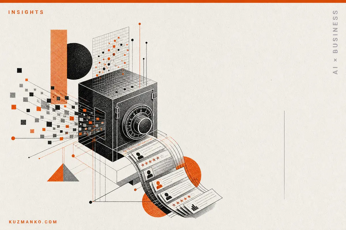 Stylish editorial risograph cover illustrating private machine learning, data privacy, and AI-powered recommendations for business.