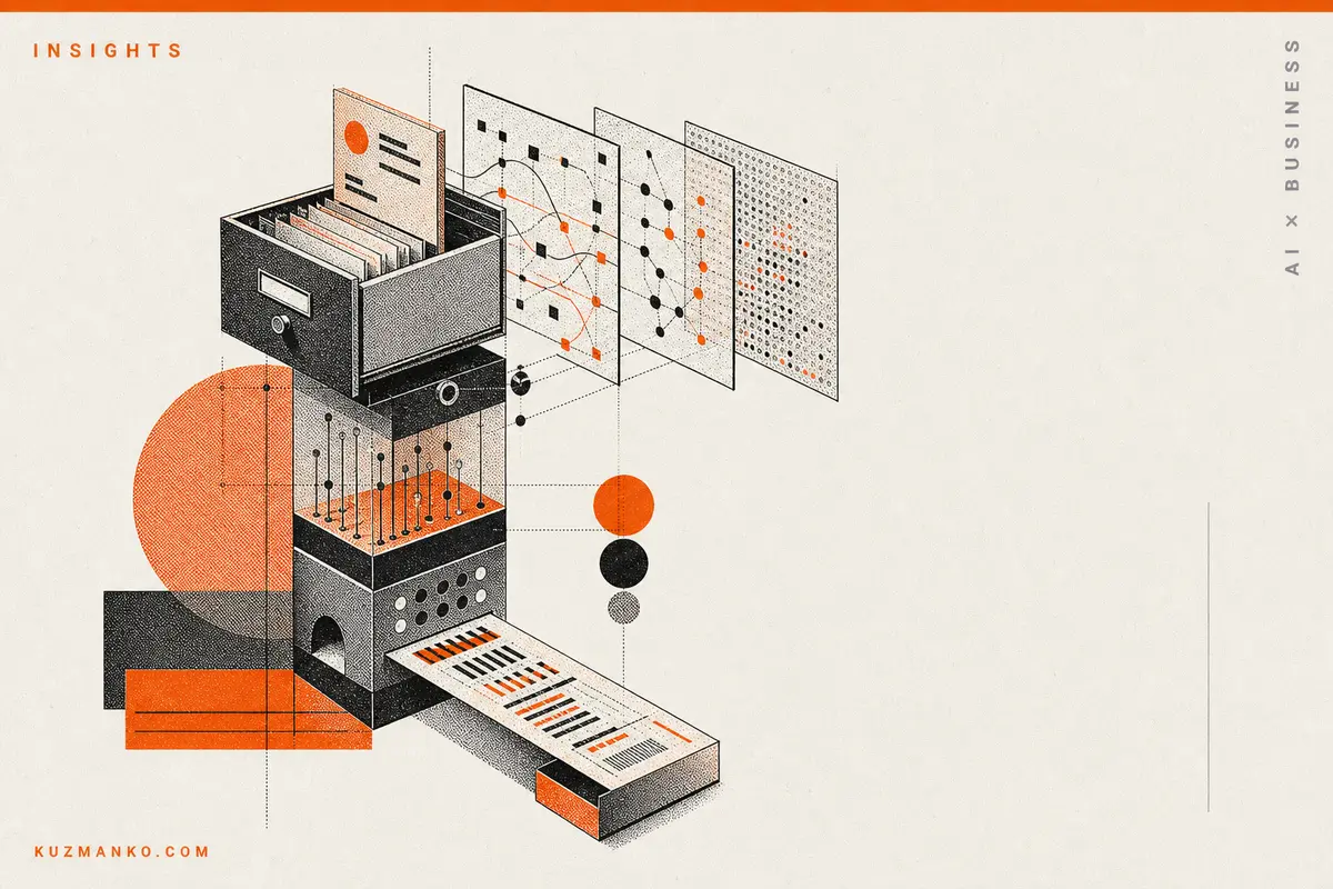 Editorial risograph cover of abstract layered memory and retrieval mechanism in Gemma language models, with Bauhaus geometric forms on a clean warm background.